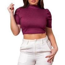 Blusa cropped canelado manga curta princesa gola alta feminino