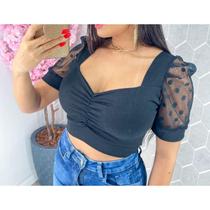 Blusa Cropped canelado manga curta princesa tule poá com bojo drapeado feminina