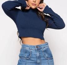 Blusa Cropped canelado manga longa gola alta estilo feminino