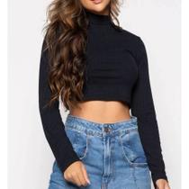 Blusa Cropped canelado manga longa gola alta feminino casual