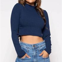 Blusa cropped canelado manga longa gola alta feminino elegante