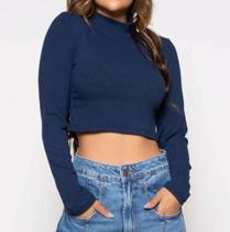 Blusa Cropped canelado manga longa gola alta moda feminina