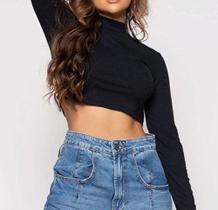 Blusa Cropped canelado manga longa gola alta tendência feminina