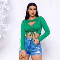 Blusa cropped canelado manga longa recorte no decote e regulagem feminino confortável