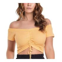 Blusa cropped canelado ombro a ombro regulagem com bojo feminina fashion