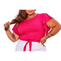 Blusa Cropped canelado plus size amarração manga babado feminina tendência