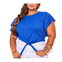 Blusa cropped canelado plus size amarração manga babado feminino confortável