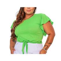 Blusa cropped canelado plus size amarração manga babado moda feminina