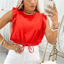 Blusa cropped cavada babado elástico e lacinho na cintura feminina moda elegante