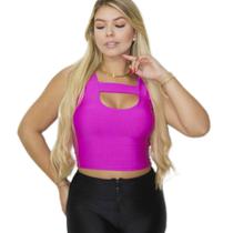 Blusa cropped cavado faixa decote U com bojo poliéster feminino fashion