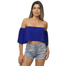 Blusa Cropped Ciganinha Feminino Viscolycra Azul Tendência