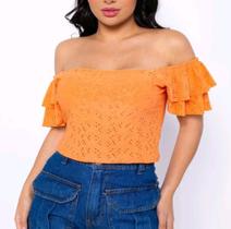 Blusa cropped ciganinha tecido laise manga curta dois babados estilo feminina