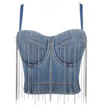 Blusa Cropped Corset Azul Jeans Feminino com Alça Bojo Franjas Correntes Corselete Espartilho Corpete Top para Festa -