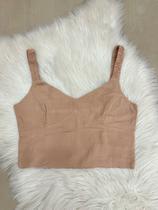 Blusa Cropped de Alça com Elástico e Decote v - Cousin - Verde Lima / Bege