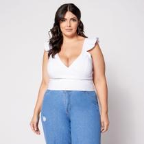 Blusa Cropped de Alça Plus Cruzado com Bojo e Babado na Manga