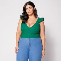 Blusa Cropped de Alça Plus Cruzado com Bojo e Babado na Manga