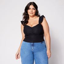 Blusa Cropped de Alça Plus Frazido com Babado na Manga
