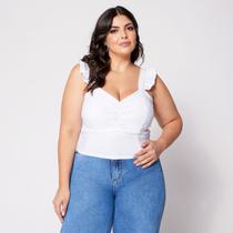 Blusa Cropped de Alça Plus Frazido com Babado na Manga