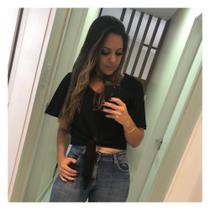 Blusa Cropped de Crepe com Manga Evasê - Cor Preta - TAM M