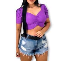 Blusa cropped decote drapeado manga bufante feminina elegante