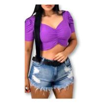 Blusa cropped decote drapeado manga bufante poliéster feminino estilo