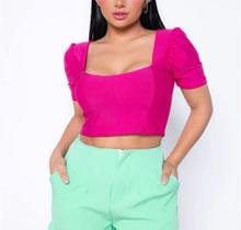 Blusa cropped decote reto manga princesa póliester feminina