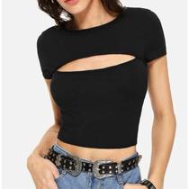 Blusa Cropped decote vazado canelado manga curta feminino moda