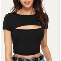 Blusa cropped decote vazado canelado manga curta novidade feminina