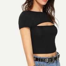 Blusa cropped decote vazado feminino canelado manga curta tendência