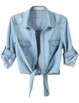 Blusa Cropped Denim Omoone 3/4 Manga Laço Azul Claro M Blusa Cropped Denim Omoone 3/4 Manga Laço Azul Claro M