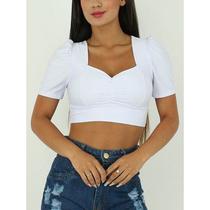 Blusa cropped drapeado manga curta bufante moda feminina