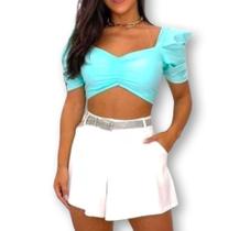 blusa cropped drapeado manga princesa amarração nas costas poliéster confortável