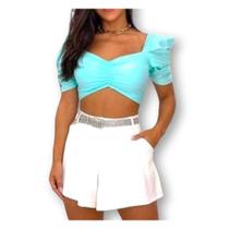 Blusa cropped drapeado manga princesa amarrar atrás poliéster feminino moda