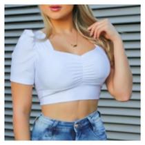 Blusa cropped drapeado manga princesa tecido suplex