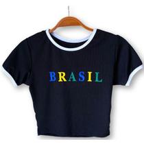 Blusa Cropped estampa Brasil canelada manga curta feminino