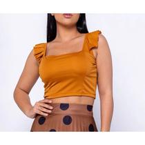 Blusa cropped feminina alça babado poliéster estilo blogueira