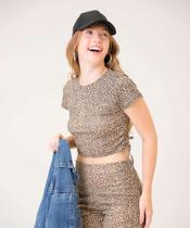Blusa Cropped Feminina Animal Print Canelada Drapeado -33002 Blusa Cropped Feminina Animal Print Canelada Drapeado -33002