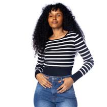 Blusa Cropped Feminina Blue Rose Listras Preto/Branco