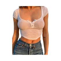 Blusa Cropped Feminina Branca Transparente Com Decote V, Moda Verão, Streetwear, Ajuste Slim, Manga