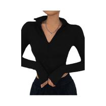 Blusa Cropped Feminina De Manga Longa Com Gola Alta, Cor Sólida, Estilo Casual E Sexy Para Festas E