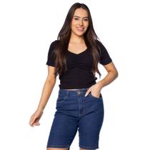 Blusa Cropped Feminina Feliny Canelada com Detalhe Franzido Preto