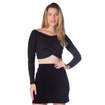 Blusa Cropped Feminina Infinitto Lady com Franzido Preta