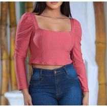 Blusa cropped feminina manga longa princesa decote reto com bojo