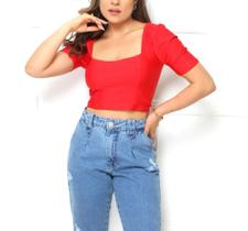 Blusa Cropped feminina manga princesa decote reto poliéster tendência