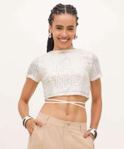 Blusa Cropped Feminina Paetês Manga Curta Marisa-96362