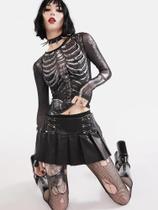 Blusa Cropped Feminina Preta Com Estampa De Esqueleto, Estilo Gótico Punk, Manga Longa, Gola