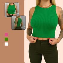 Blusa Cropped Feminina Regata Tricot Básica Moda Casual