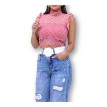 Blusa cropped feminina renda poa com bojo cavada babado moda fashion