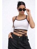 Blusa Cropped Feminina Ribana Canelada Básica Mulher com Amarração Alca Fina Promoção Blusa Cropped Feminina Ribana Canelada Básica Mulher com Amarração Alca Fina Promoção