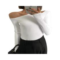 Blusa Cropped Feminina Slim Fit Com Ombro a Ombro, Manga Longa, Gola Assimétrica E Recortes Vazados Blusa Cropped Feminina Slim Fit Com Ombro a Ombro, Manga Longa, Gola Assimétrica E Recortes Vazados